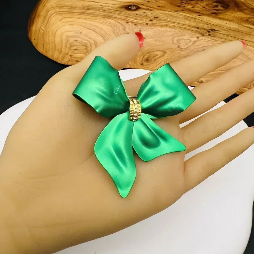 Vintage Green Metalic Satin Bow Ribbon Brooch Crystal Accent Large Matte 1045